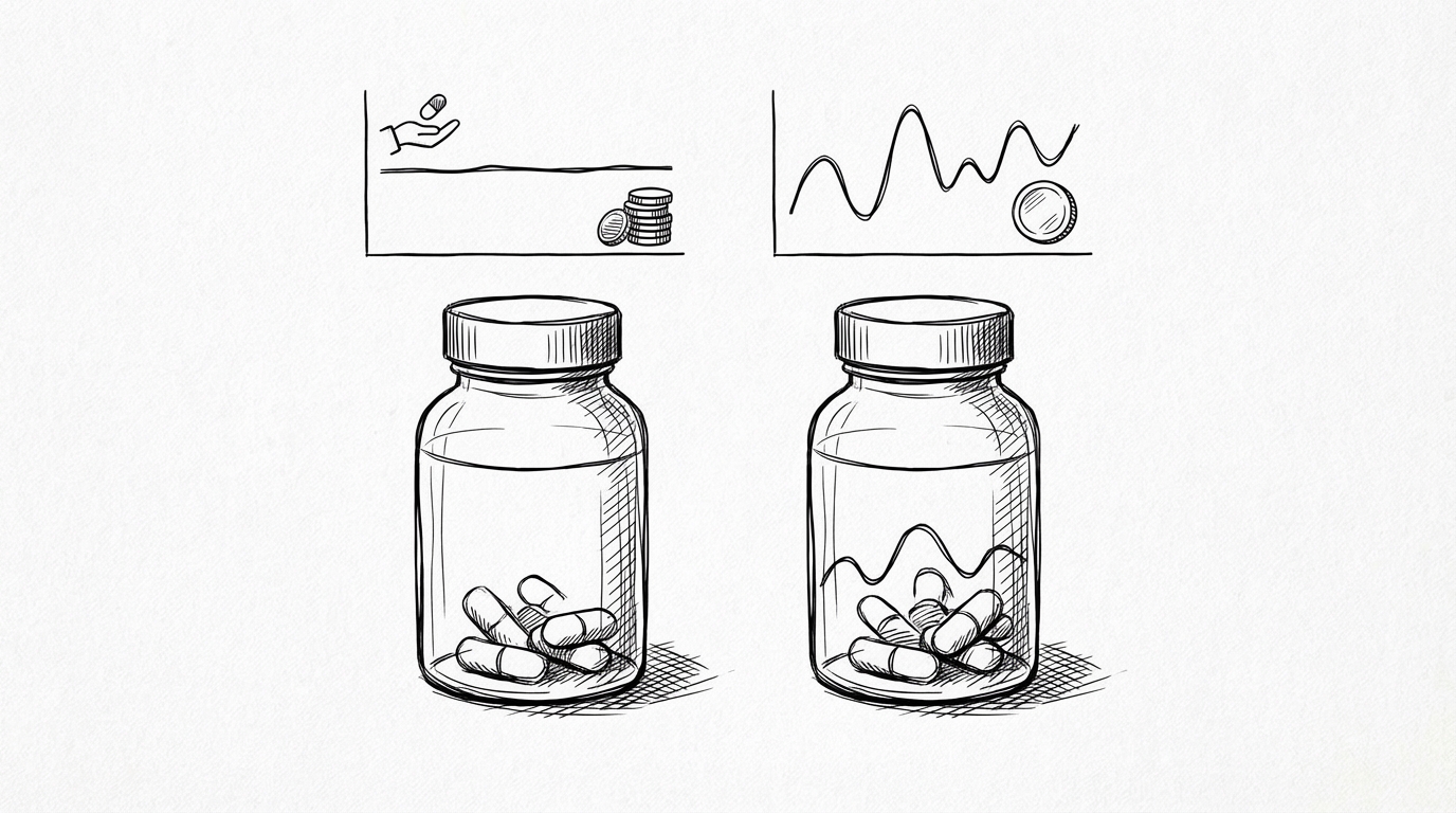 2つのお薬の大きな違いは「効果の安定性」と「飲みやすさ・価格」です